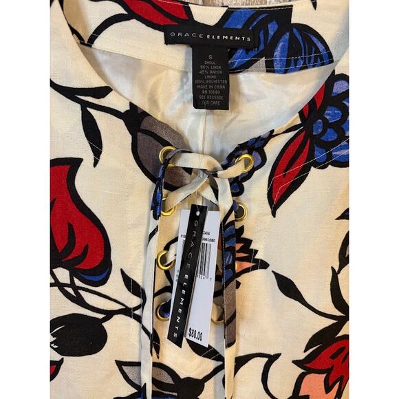 Grace Elements Linen Blend Red White Blue Floral Shift Dress - Size Small NWT - Picture 5 of 9